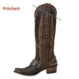 Rivet Embroidery Cowgirl Boots Pointed Toe Zip Adult Women's Knight