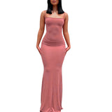 Y2k Women Sexy Bodycon Long Dress Solid Color Spaghetti Strap Low Cut