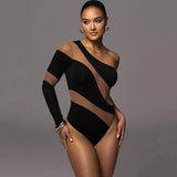 Mesh Patchwork One Shoulder Sexy Club Women Bodysuits Long