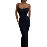 Y2k Women Sexy Bodycon Long Dress Solid Color Spaghetti Strap Low Cut