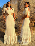 Sexy White Lace Women Dress Turtleneck Tassel Sleeve Slim Naked Waist