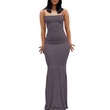 Y2k Women Sexy Bodycon Long Dress Solid Color Spaghetti Strap Low Cut