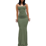 Y2k Women Sexy Bodycon Long Dress Solid Color Spaghetti Strap Low Cut