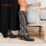 Rivet Embroidery Cowgirl Boots Pointed Toe Zip Adult Women's Knight