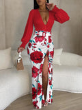 Autumn Sexy Long Sleeve Split Dress Women Fashion Print Deep V-Neck