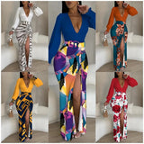 Autumn Sexy Long Sleeve Split Dress Women Fashion Print Deep V-Neck