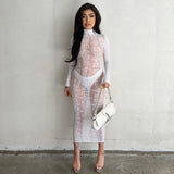 Sexy See Through Bodycon Women Dress Long Sleeve Letter Printed Spring