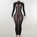 Sexy See Through Bodycon Women Dress Long Sleeve Letter Printed Spring