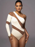 Mesh Patchwork One Shoulder Sexy Club Women Bodysuits Long