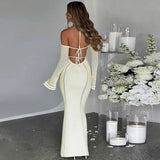 Spaghetti Strap Elegant Long Sleeve Party Club Slim Long Dresses