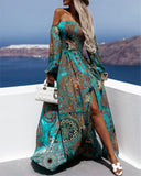 Summer Women Fashion Vacation Beach Dress Long Sleeve Loose Tribal