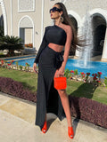 Black Dress Long Slit One Shoulder - Black Long