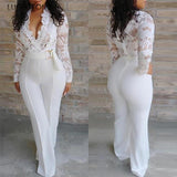 White Jumpsuit Women Lace Stitching Long Sleeve V-neck Plus Size