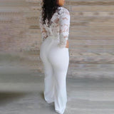 White Jumpsuit Women Lace Stitching Long Sleeve V-neck Plus Size