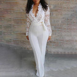 White Jumpsuit Women Lace Stitching Long Sleeve V-neck Plus Size