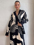 Women Digital Printed Two piece Set Chic Lapel Long Sleeved Top Loose