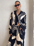 Women Digital Printed Two piece Set Chic Lapel Long Sleeved Top Loose