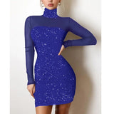 Women Turtleneck Dress Shiny | Long Sleeve Silk Bodycon Dress - Women