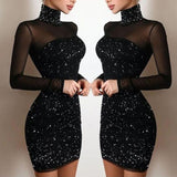 Women Turtleneck Dress Shiny | Long Sleeve Silk Bodycon Dress - Women