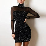 Women Turtleneck Dress Shiny | Long Sleeve Silk Bodycon Dress - Women