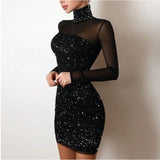 Women Turtleneck Dress Shiny | Long Sleeve Silk Bodycon Dress - Women