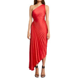 Women Elegant Long Dress Summer Sleeveless One shoulder Pleated