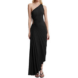 Women Elegant Long Dress Summer Sleeveless One shoulder Pleated