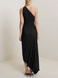 Women Elegant Long Dress Summer Sleeveless One shoulder Pleated