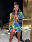 Women Mini Dress Long Sleeve Lacing Tie dye Print Patchwork Slit