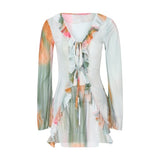 Women Mini Dress Long Sleeve Lacing Tie dye Print Patchwork Slit