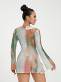 Women Mini Dress Long Sleeve Lacing Tie dye Print Patchwork Slit