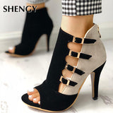 Women Spring High Heels Office Zipper 10cm Hollow Out High Sandals