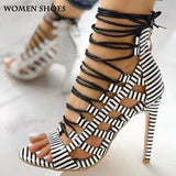 Women Shoes Snakeskin Pattern Roman Sandals Female Stiletto