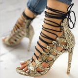 Women Shoes Snakeskin Pattern Roman Sandals Female Stiletto