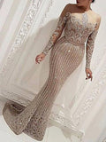 Y2K Women's Sequined Train Dress Solid Color Strapless Embroidery Long