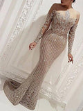 Y2K Women's Sequined Train Dress Solid Color Strapless Embroidery Long