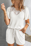 Crochet Neck Drawstring Short Sleeve Romper