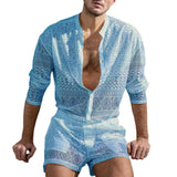 2 Piece Set Men Top & Shorts Hollow Out