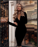 Women's Sexy Ribbed Sweater Dresses Bodycon V Neck Long Sleeve Midi