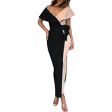 Sexy Lapel Neck Color Block Stitching High Waist Glamorous Maxi Dress