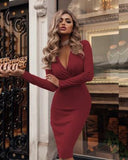 Women's Sexy Ribbed Sweater Dresses Bodycon V Neck Long Sleeve Midi