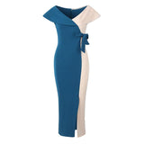 Sexy Lapel Neck Color Block Stitching High Waist Glamorous Maxi Dress