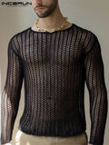 Men's Mesh T Shirt Transparent O-neck Long Sleeve Streetwear Men