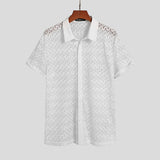 US-Men Mesh Shirt Lace Lapel Short Sleeve Streetwear See Through Casual