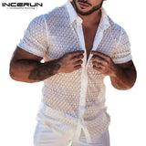 US-Men Mesh Shirt Lace Lapel Short Sleeve Streetwear See Through Casual