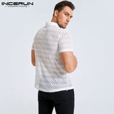 US-Men Mesh Shirt Lace Lapel Short Sleeve Streetwear See Through Casual