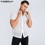 US-Men Mesh Shirt Lace Lapel Short Sleeve Streetwear See Through Casual