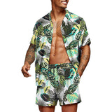 New Trend Men Hawaiian Sets Summer Feather Printing Short Sleeve