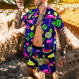 New Trend Men Hawaiian Sets Summer Feather Printing Short Sleeve