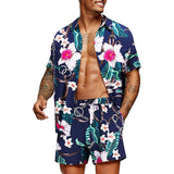 New Trend Men Hawaiian Sets Summer Feather Printing Short Sleeve